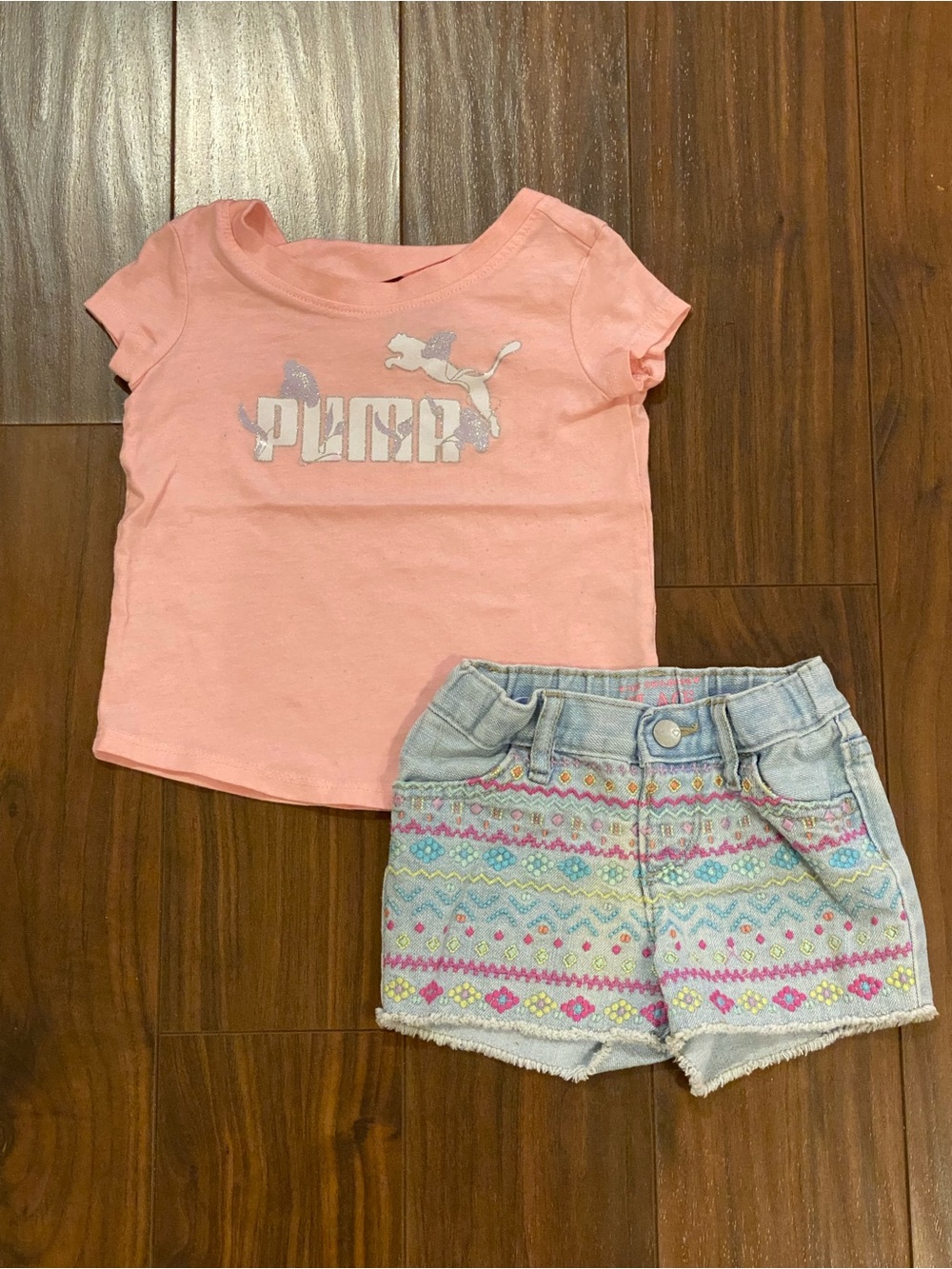Puma glitter tee and Children’s Place embroidered denim jean shorts 2T